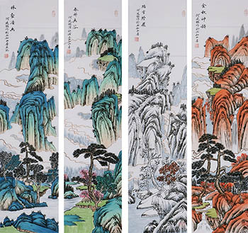 Chinese Four Screens of Landscapes Painting,35cm x 136cm,lzw11223006-x