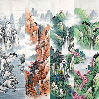 Chinese Four Screens of Landscapes Painting,35cm x 136cm,lzw11223007-x