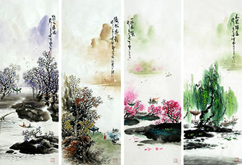Chinese Four Screens of Landscapes Painting,33cm x 110cm,qzm11225004-x