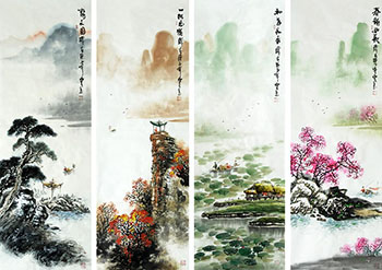 Chinese Four Screens of Landscapes Painting,33cm x 110cm,qzm11225007-x