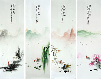 Chinese Four Screens of Landscapes Painting,30cm x 100cm,qzm11225008-x