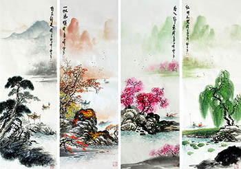 Chinese Four Screens of Landscapes Painting,33cm x 110cm,qzm11225009-x