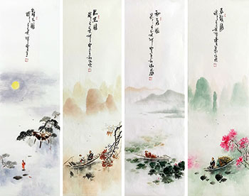 Chinese Four Screens of Landscapes Painting,30cm x 100cm,qzm11225010-x