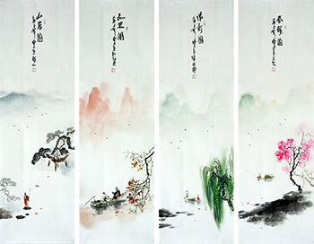 Chinese Four Screens of Landscapes Painting,30cm x 100cm,qzm11225011-x