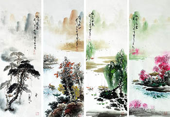 Chinese Four Screens of Landscapes Painting,33cm x 110cm,qzm11225012-x