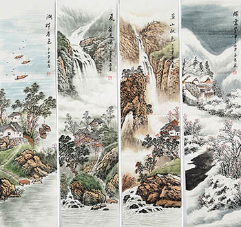Chinese Four Screens of Landscapes Painting,35cm x 136cm,sw11226004-x