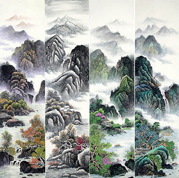 Chinese Four Screens of Landscapes Painting,35cm x 136cm,sw11226005-x