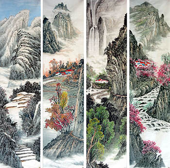 Chinese Four Screens of Landscapes Painting,35cm x 136cm,sw11226007-x