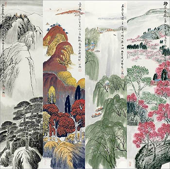Chinese Four Screens of Landscapes Painting,35cm x 136cm,xhjs11118001-x