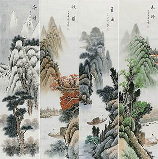 Chinese Four Screens of Landscapes Painting,35cm x 136cm,yf11224001-x