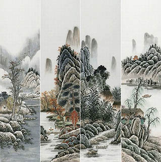 Chinese Four Screens of Landscapes Painting,33cm x 130cm,yf11224003-x