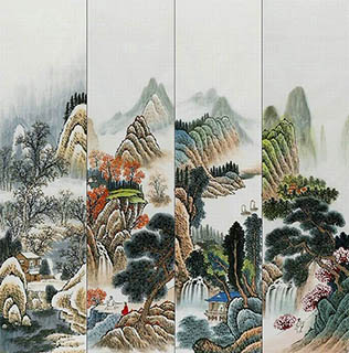 Chinese Four Screens of Landscapes Painting,35cm x 136cm,yf11224004-x