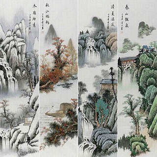 Chinese Four Screens of Landscapes Painting,35cm x 136cm,yf11224005-x