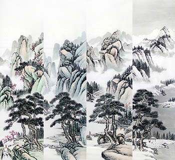 Chinese Four Screens of Landscapes Painting,25cm x 100cm,yf11224006-x