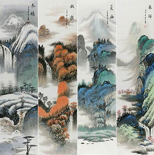 Chinese Four Screens of Landscapes Painting,35cm x 136cm,yf11224007-x