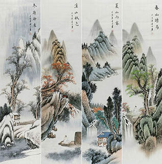 Chinese Four Screens of Landscapes Painting,35cm x 136cm,yf11224008-x