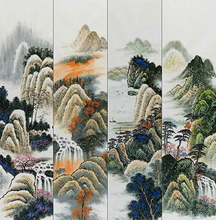 Chinese Four Screens of Landscapes Painting,35cm x 136cm,yf11224009-x
