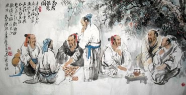 Chinese Gao Shi Play Chess Tea Song Painting,69cm x 138cm,3447120-x