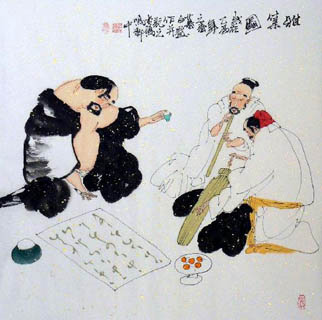 Chinese Gao Shi Play Chess Tea Song Painting,66cm x 66cm,3540002-x