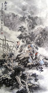 Chinese Gao Shi Play Chess Tea Song Painting,50cm x 100cm,3711058-x