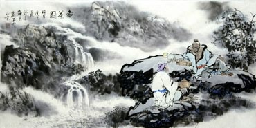 Chinese Gao Shi Play Chess Tea Song Painting,50cm x 100cm,3711064-x