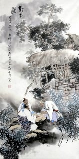 Chinese Gao Shi Play Chess Tea Song Painting,50cm x 100cm,3711083-x