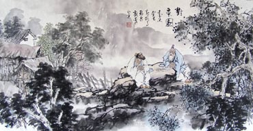 Chinese Gao Shi Play Chess Tea Song Painting,50cm x 100cm,3711087-x