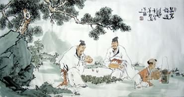 Chinese Gao Shi Play Chess Tea Song Painting,50cm x 100cm,3725013-x