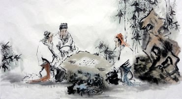 Chinese Gao Shi Play Chess Tea Song Painting,66cm x 130cm,3763006-x