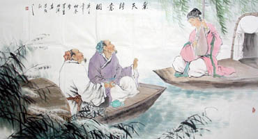 Chinese Gao Shi Play Chess Tea Song Painting,97cm x 180cm,3805007-x