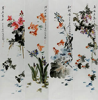 Chinese Goldfish Painting,33cm x 130cm,2568012-x
