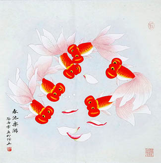 Chinese Goldfish Painting,66cm x 66cm,2622025-x