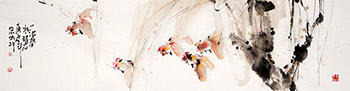 Chinese Goldfish Painting,35cm x 136cm,lzl21221009-x