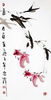 Chinese Goldfish Painting,34cm x 69cm,lzl21221017-x