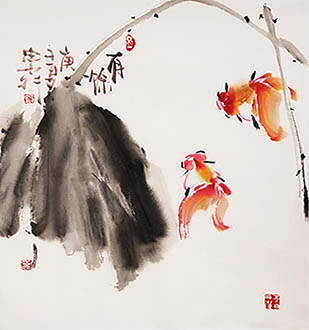 Chinese Goldfish Painting,45cm x 48cm,lzl21221018-x