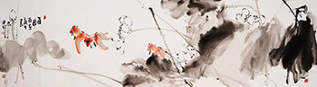 Chinese Goldfish Painting,48cm x 176cm,lzl21221022-x