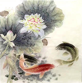 Chinese Koi Fish Painting,66cm x 66cm,2011064-x