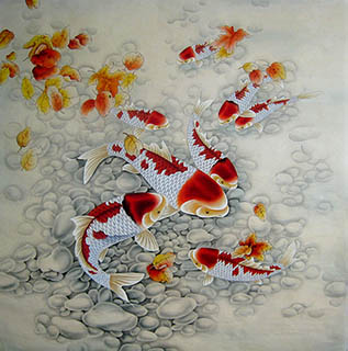 Chinese Koi Fish Painting,66cm x 66cm,2011065-x
