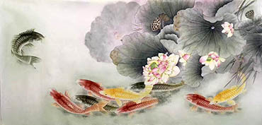 Chinese Koi Fish Painting,68cm x 136cm,2011068-x