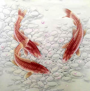 Chinese Koi Fish Painting,66cm x 66cm,2011071-x
