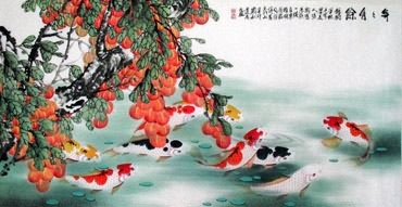 Chinese Koi Fish Painting,69cm x 138cm,2078016-x