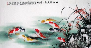 Chinese Koi Fish Painting,69cm x 138cm,2078018-x