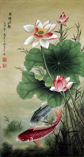 Chinese Koi Fish Painting,43cm x 86cm,2319024-x