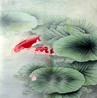 Chinese Koi Fish Painting,66cm x 66cm,2324041-x
