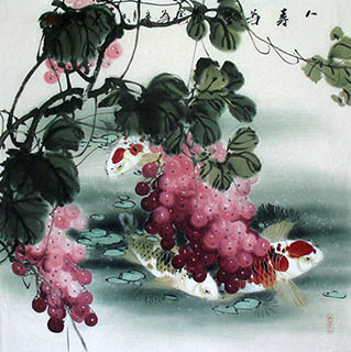 Chinese Koi Fish Painting,68cm x 68cm,2327026-x