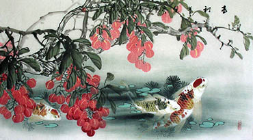 Chinese Koi Fish Painting,50cm x 100cm,2327028-x