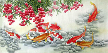 Chinese Koi Fish Painting,66cm x 136cm,2387024-x