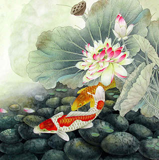 Chinese Koi Fish Painting,66cm x 66cm,2387025-x