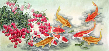 Chinese Koi Fish Painting,66cm x 136cm,2387032-x
