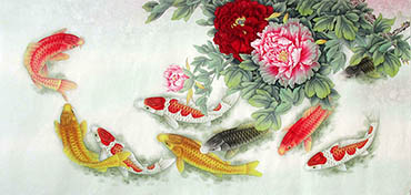 Chinese Koi Fish Painting,69cm x 138cm,2387067-x